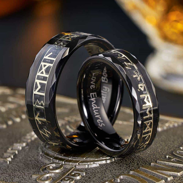 Facet Wolfraam Viking Ring Zwarte met Runen