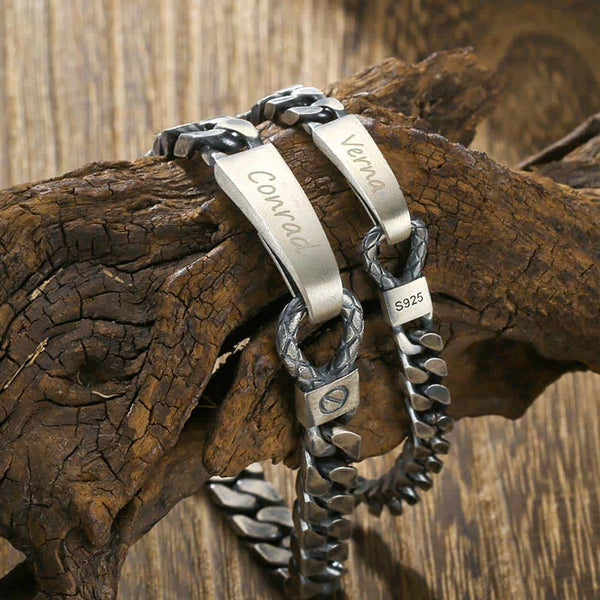 Geoxideerd Zilver Schakel Armband Koppel Gepersonaliseerde | Gegraveerde Zilver 925 Armband voor Mannen Dames met Naam
