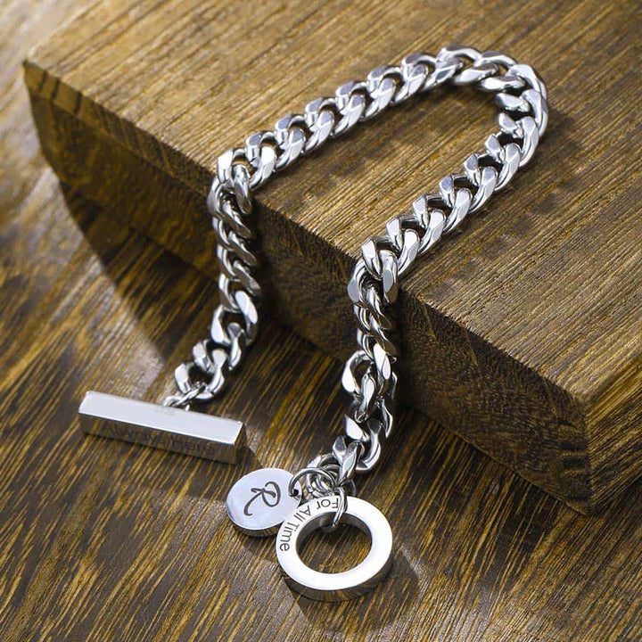 Gepersonaliseerde Zilver Schakel Armband met Bar en Tag | Matching Koppel Armbanden Gegraveerde Man en Vrouw - Remisia