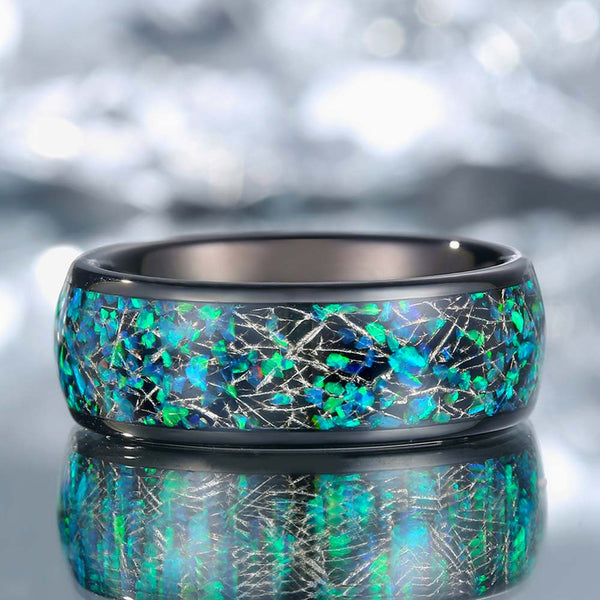 Wolfraam Ring met Meteoriet en Opaal 8mm - Groene Nacht Vanger
